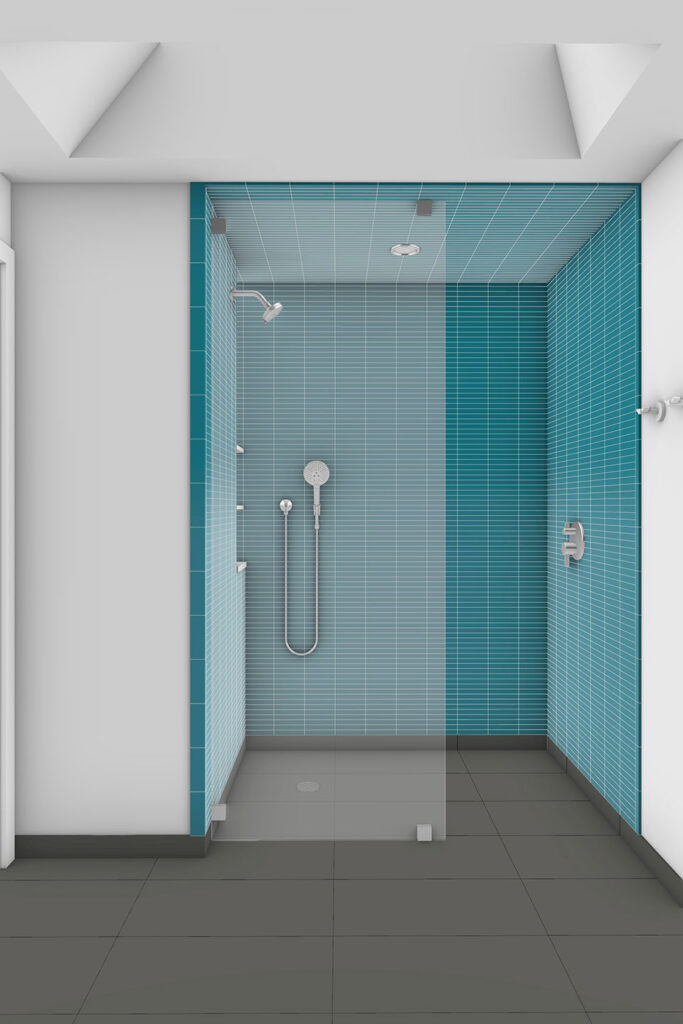 Three-dimensional rendering showing the walk-in shower which is treated as a room within a room.