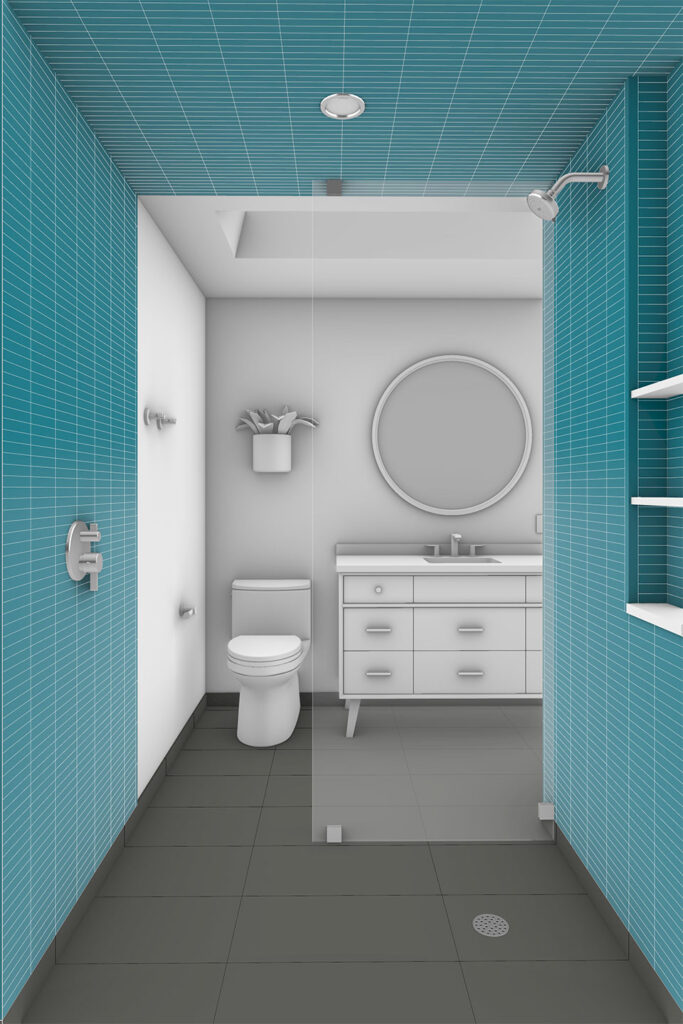 Three-dimensional rendering from inside the walk-in shower, which feels like a room within a room.