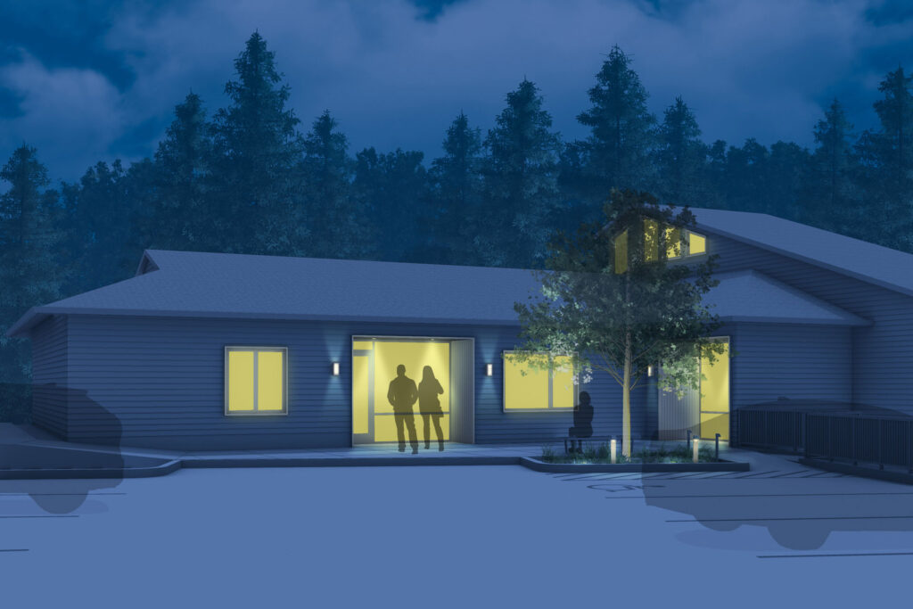 Architectural rendering of the proposed entry on the west side of the building at night.