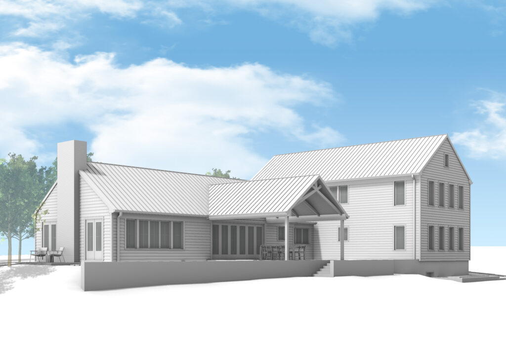 View of the back of the new modern farmhouse, showing the covered patio.