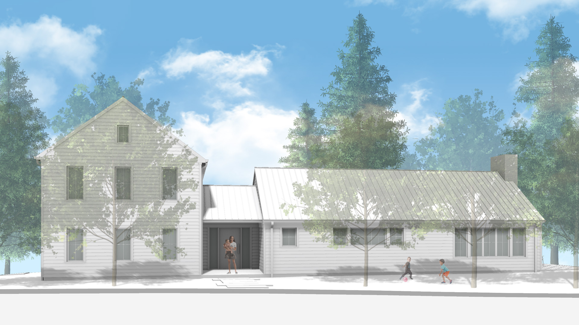 The front elevation of the new modern farmhouse is composed of two larger volumes connected by a smaller entry volume.