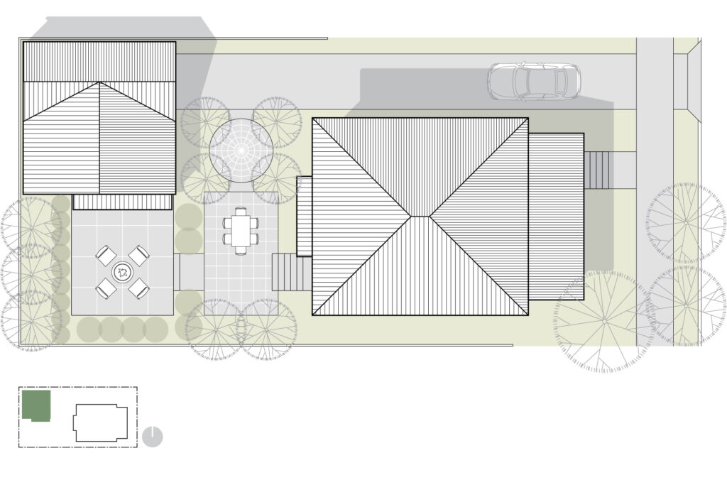 The site plan of the project shows the location of the new building in relation to the existing house.