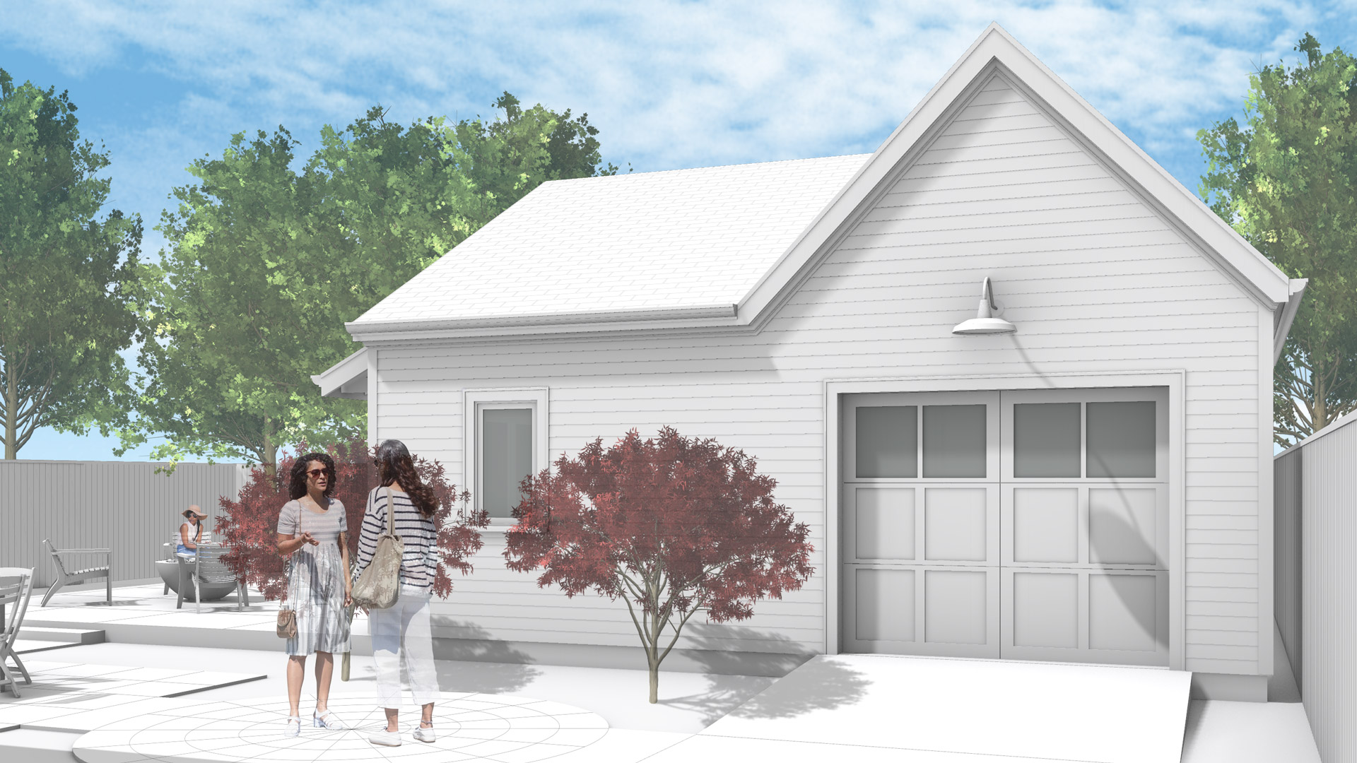 The front elevation of the ADU with garage shows the garage door and landscaping with a small Japanese maple tree.