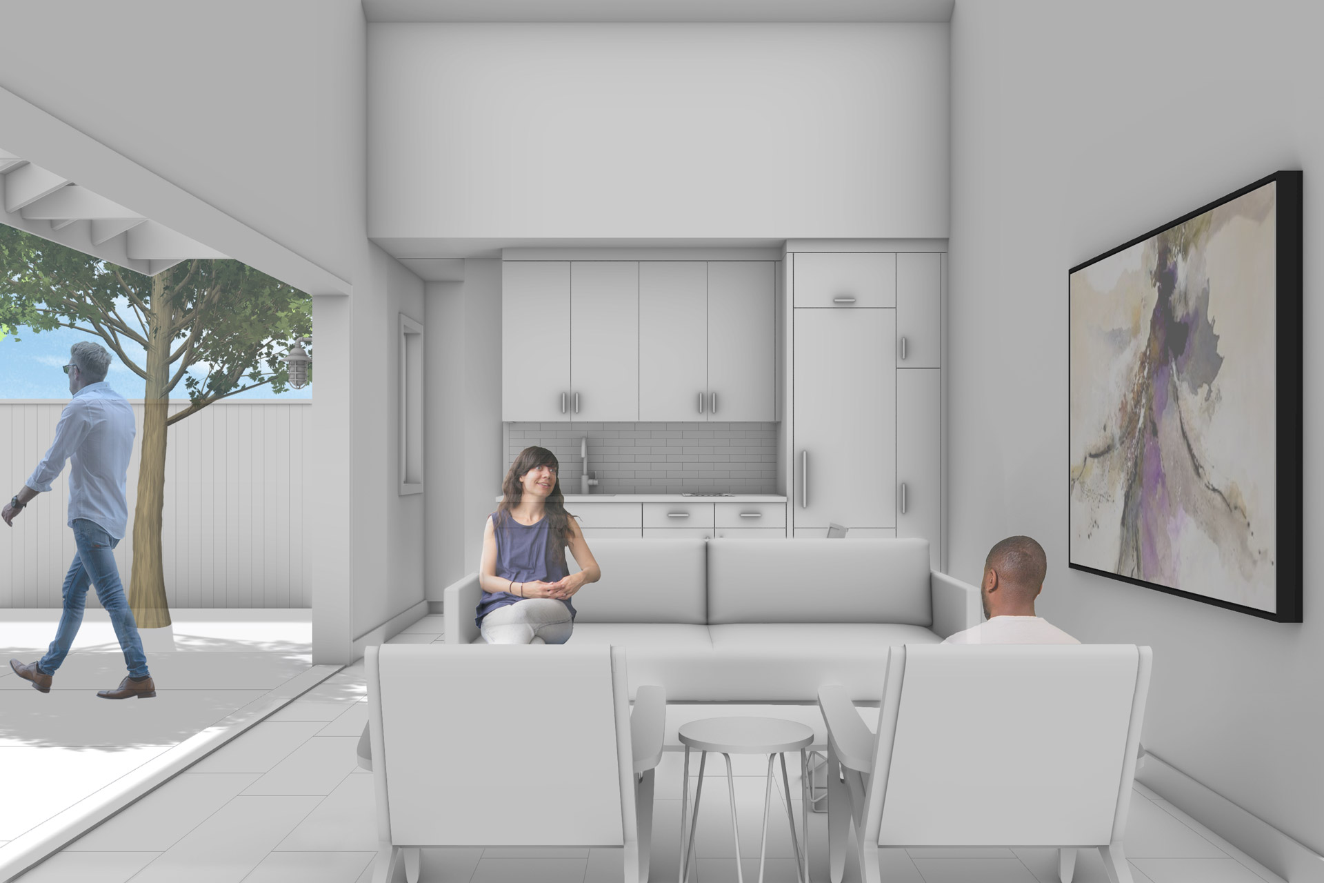 The interior of the ADU has a compact kitchen and small living area. The folding window-wall is open to the yard in this rendering.