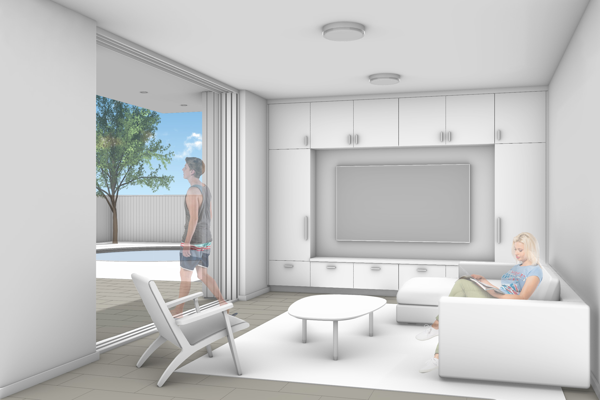 The living room features multi-slide doors that lead to the exterior patio.