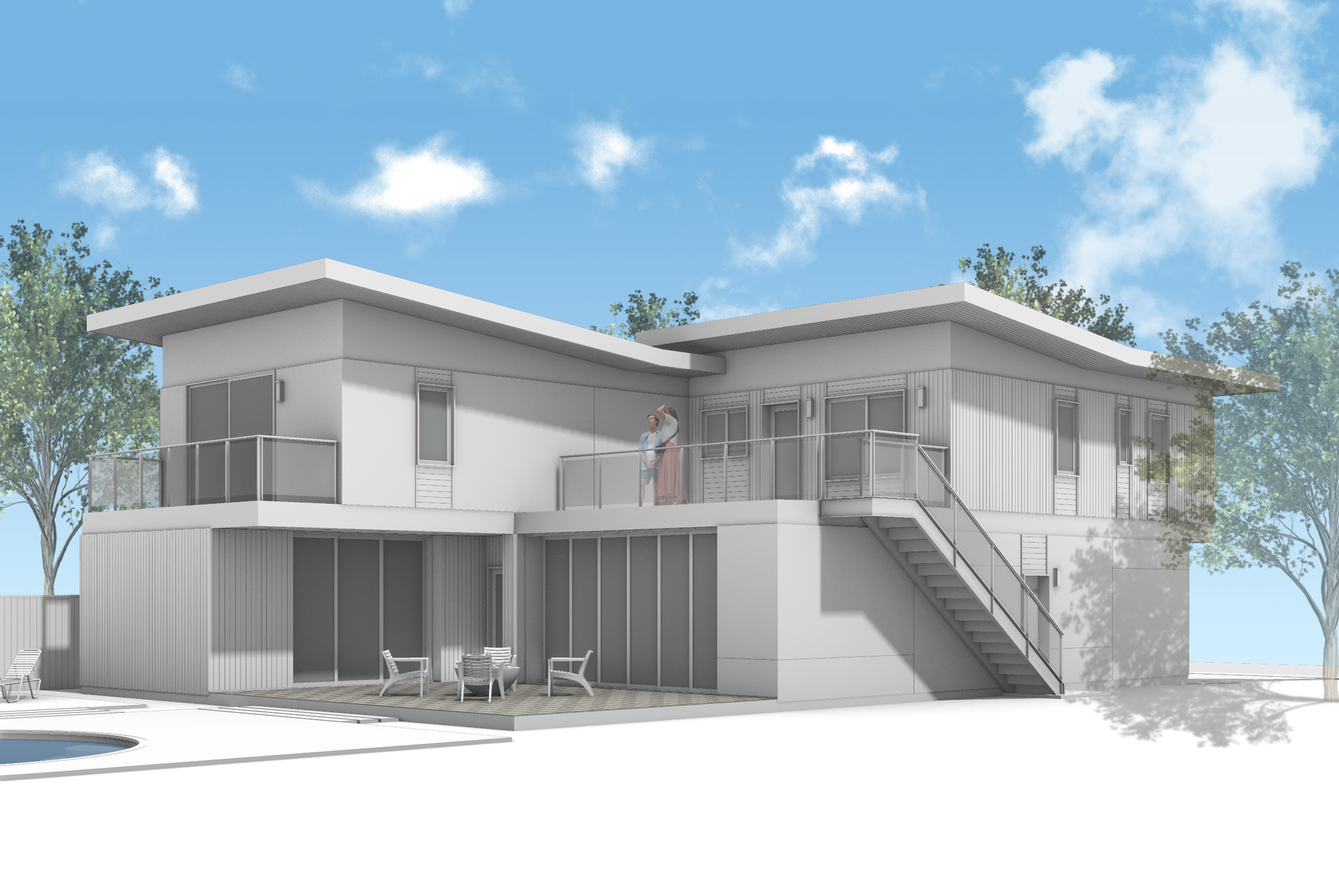 The back of the new modern house has a lower patio as well as two upper patios.