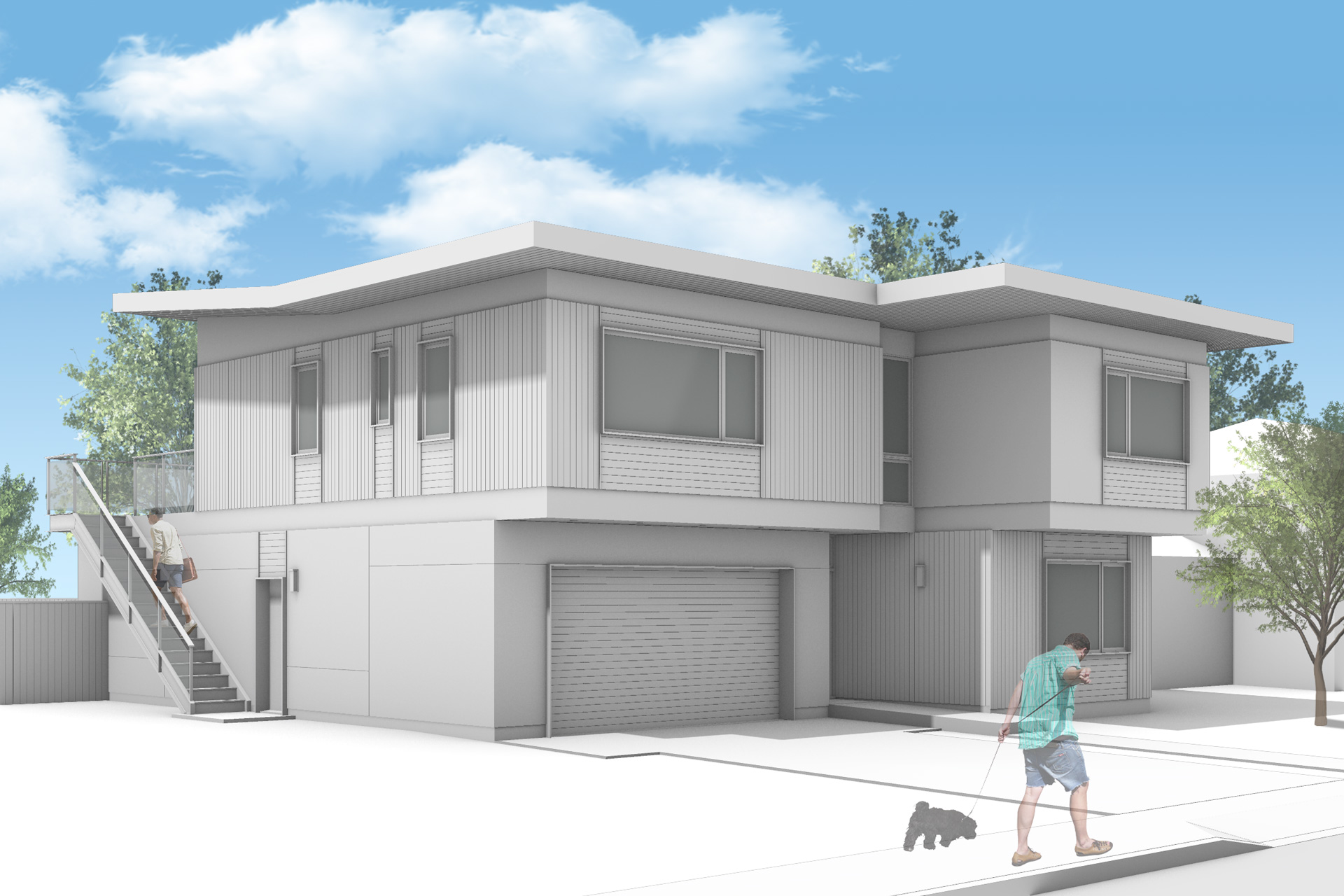 The front of the new modern house features large windows that look out on the street. A side stair provides access to the attached accessory dwelling unit.