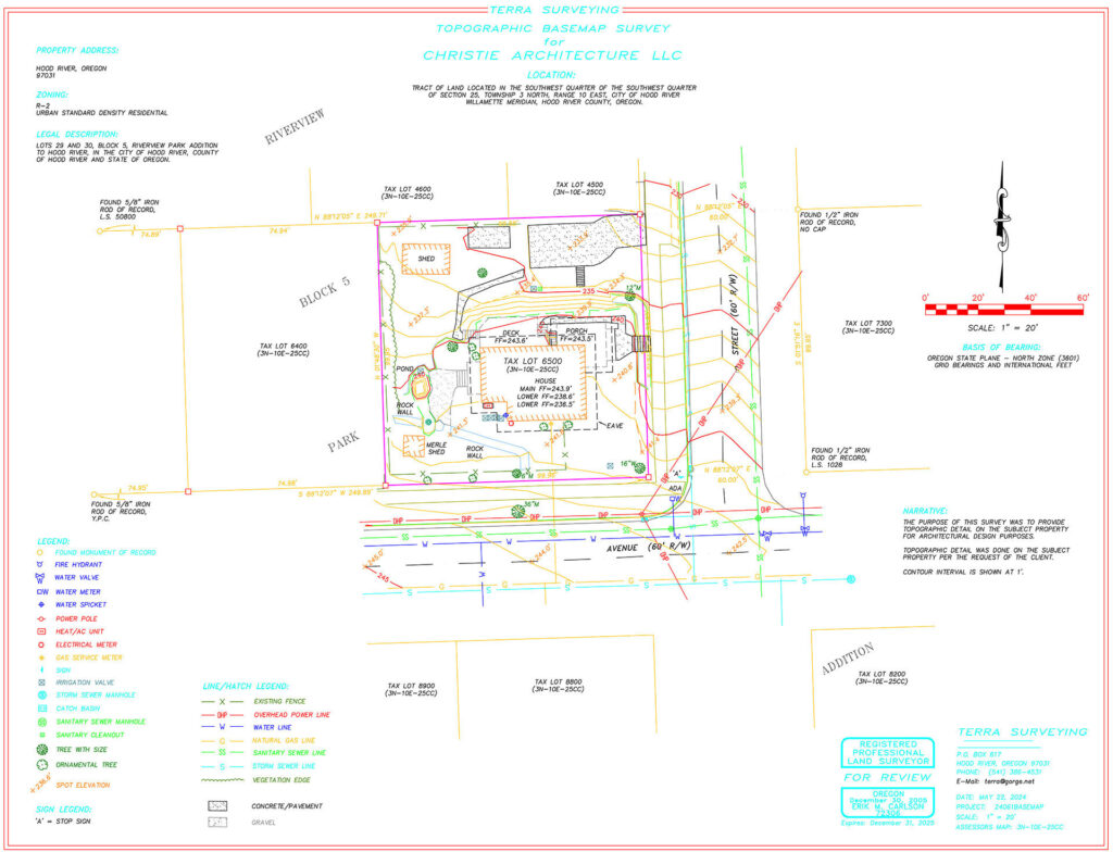 Topographical survey of a residential property in Hood River, Oregon.