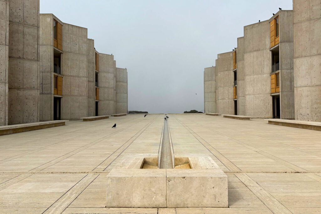 View from the entry of the Salk Institute, looking west towards the Ocean, which is hidden by fog.