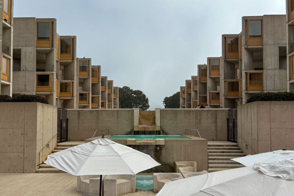 View from the lower patio of the Salk Institute looking back towards the River of Life and terraced pools.