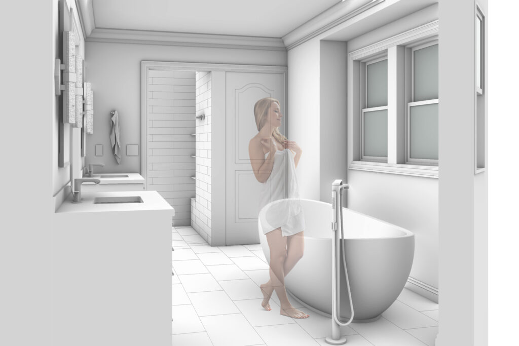 A woman with a towel wrapped around her stands next to the free-standing tub in this luxury bathroom renovation.