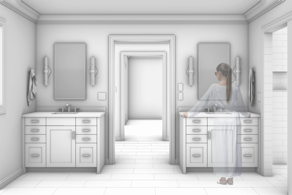 A woman in a bathrobe stands in front of a sink vanity in this luxury bathroom renovation.