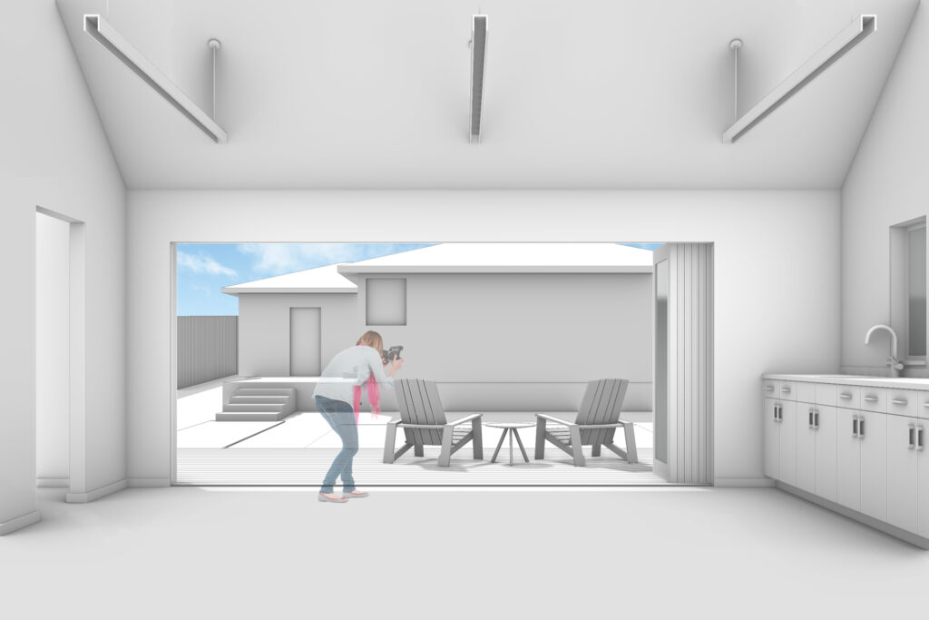 A 3d rendering of the new artist studio showing the open bi-fold doors with the exterior deck beyond.