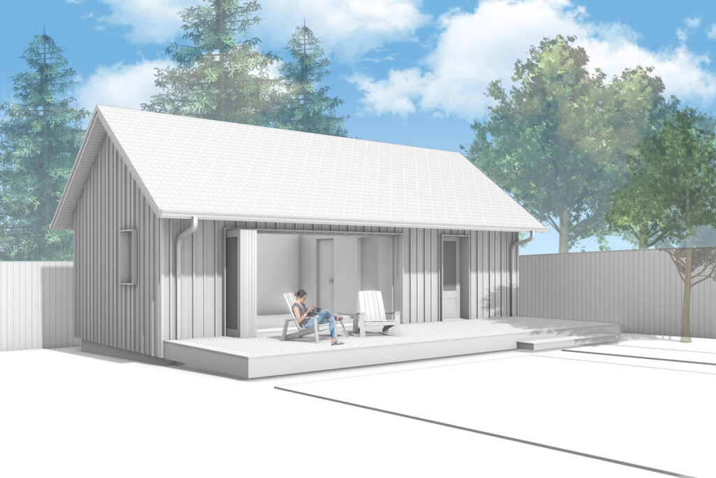 A 3d rendering of the exterior of the new artist studio showing the open bi-fold doors and new deck.