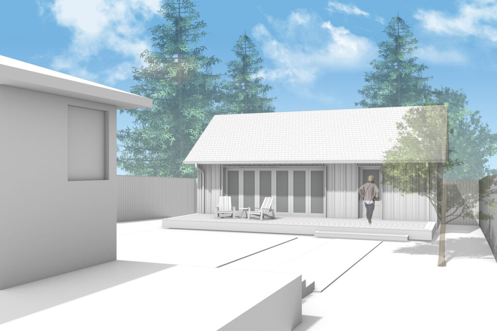 A 3d rendering of the exterior of the new artist studio showing the approach from the existing house.