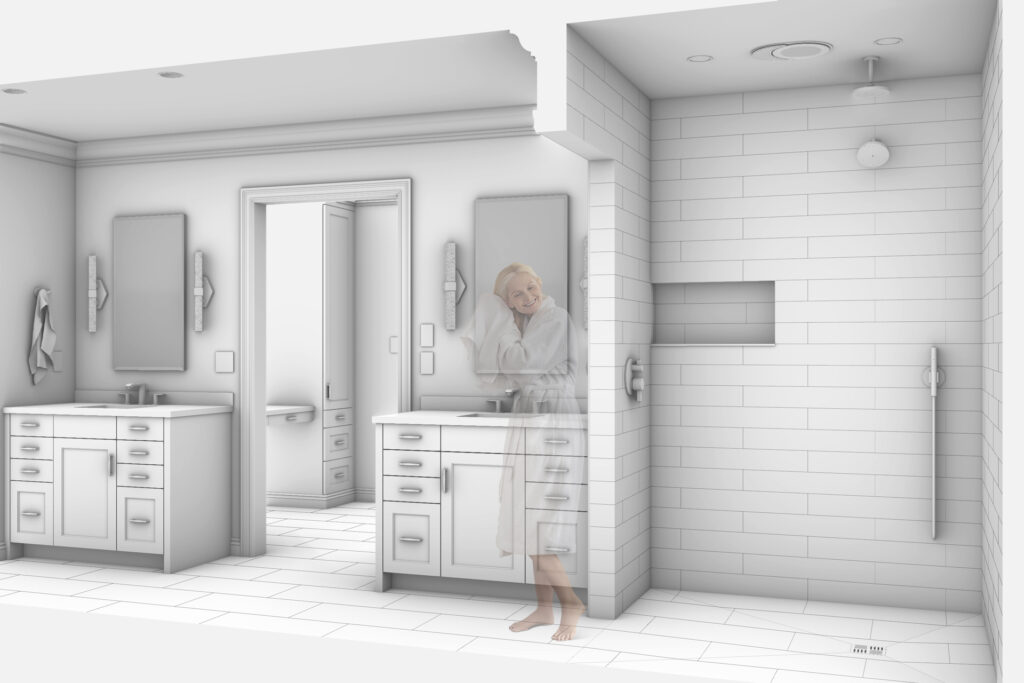 A woman wearing a bathrobe is drying her hair with a towel next to a walk-in shower.