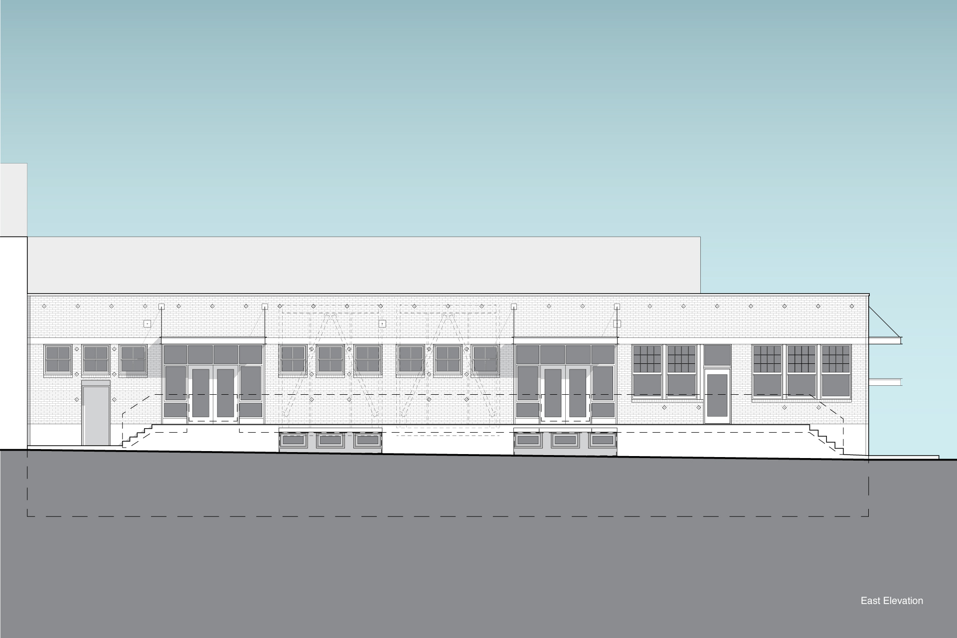 Drawing of the north elevation of the warehouse illustrating how it looked after the renovation.