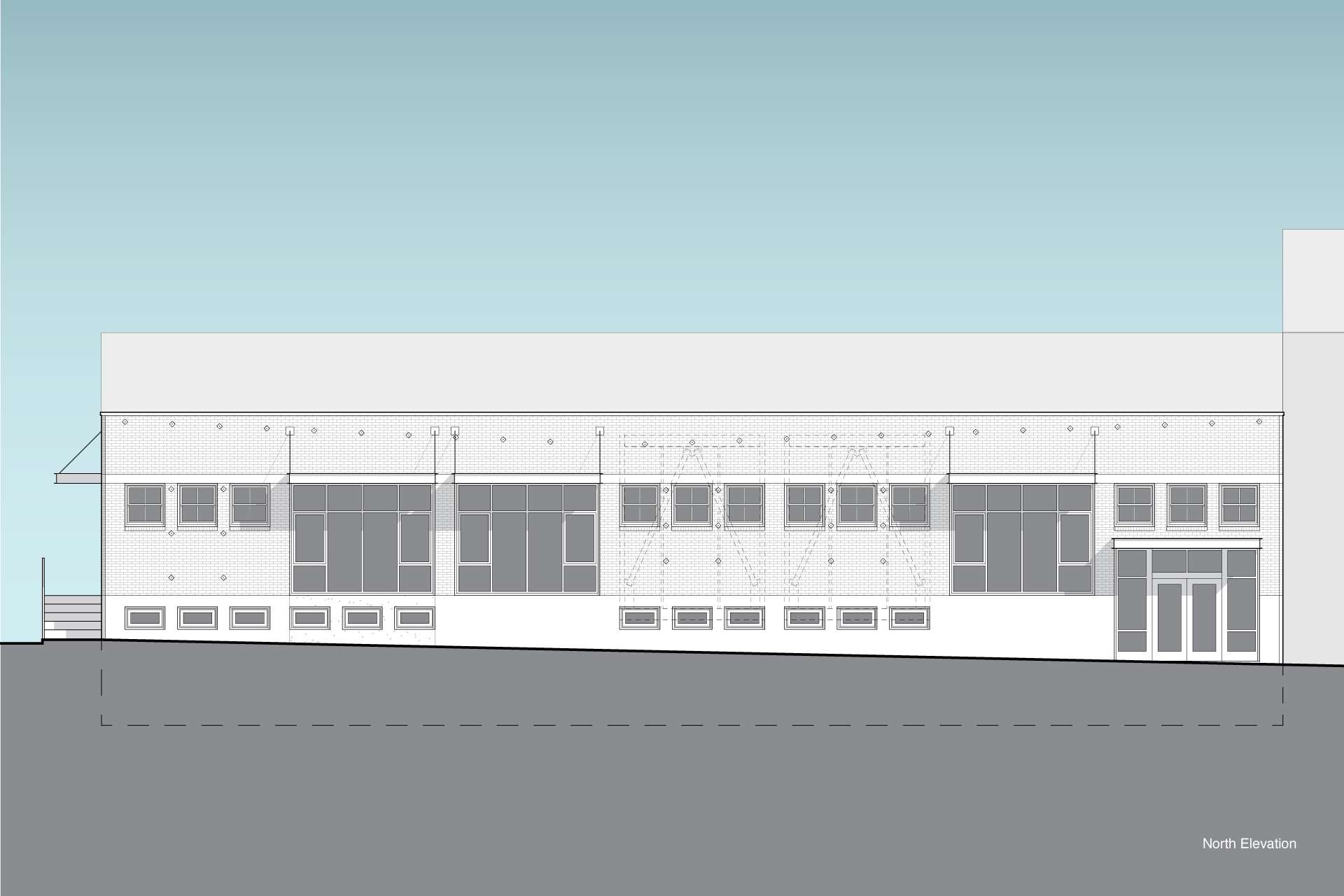 Drawing of the east elevation of the warehouse illustrating how it looked after the renovation.