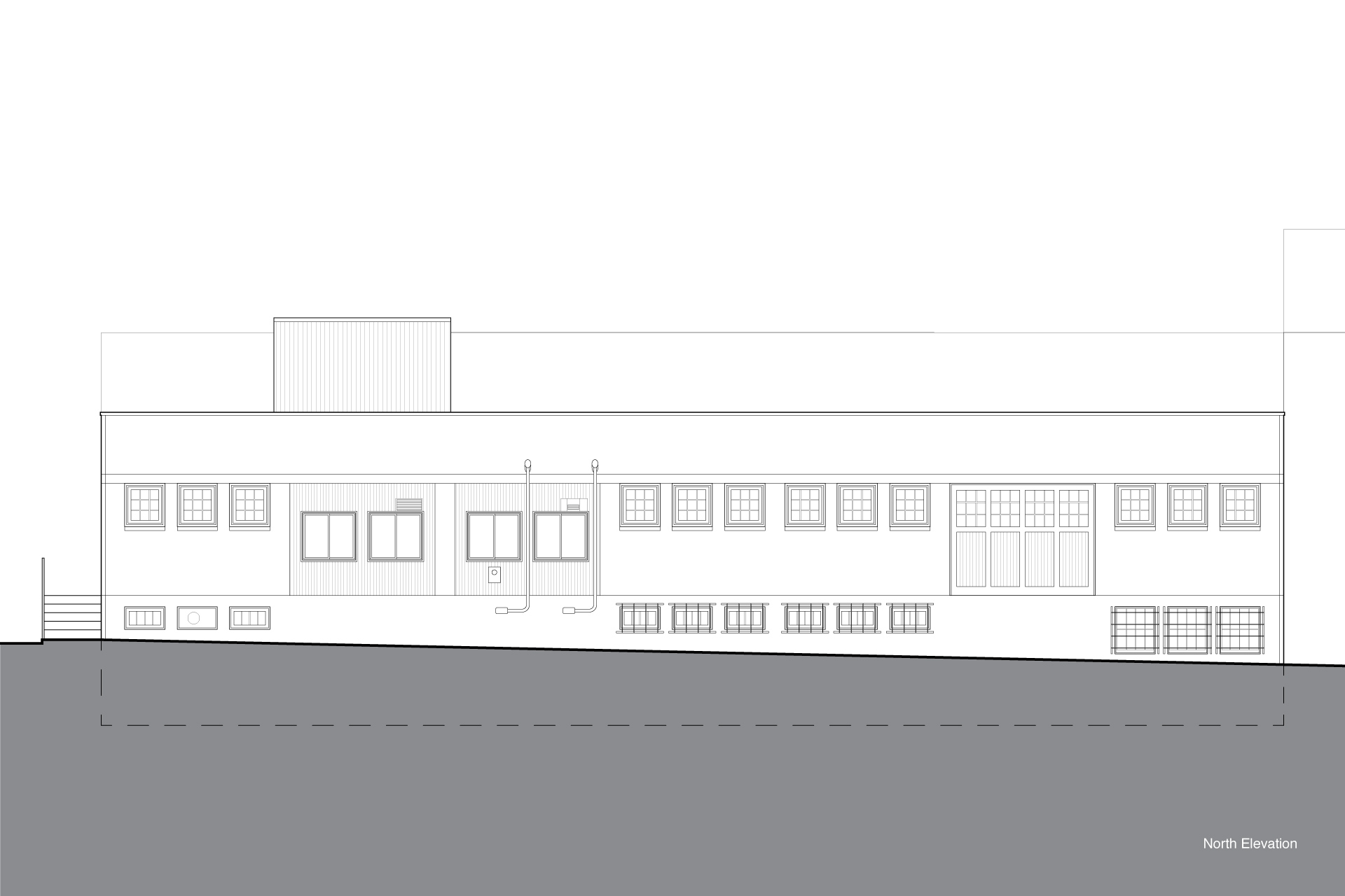 Drawing of the east elevation of the warehouse illustrating how it looked before the renovation.