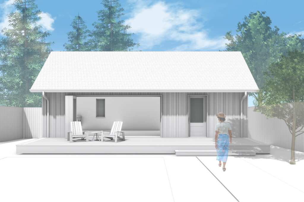 A 3d rendering of the exterior of the new artist studio showing the bi-fold doors in the 'open' position.