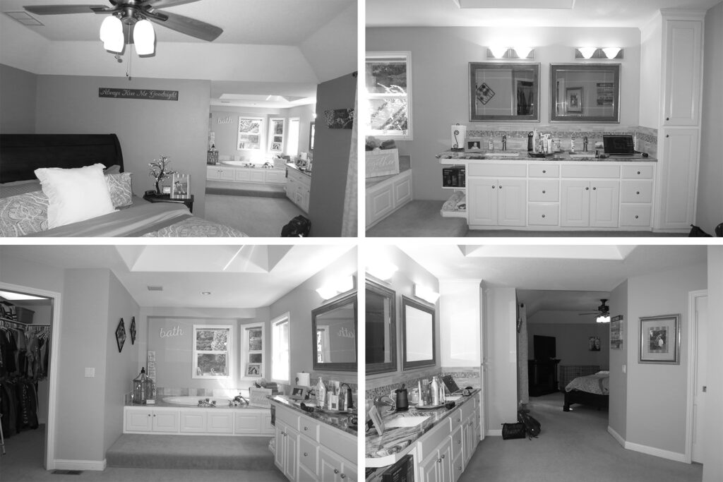 Black and white photos show the bathroom before renovations.